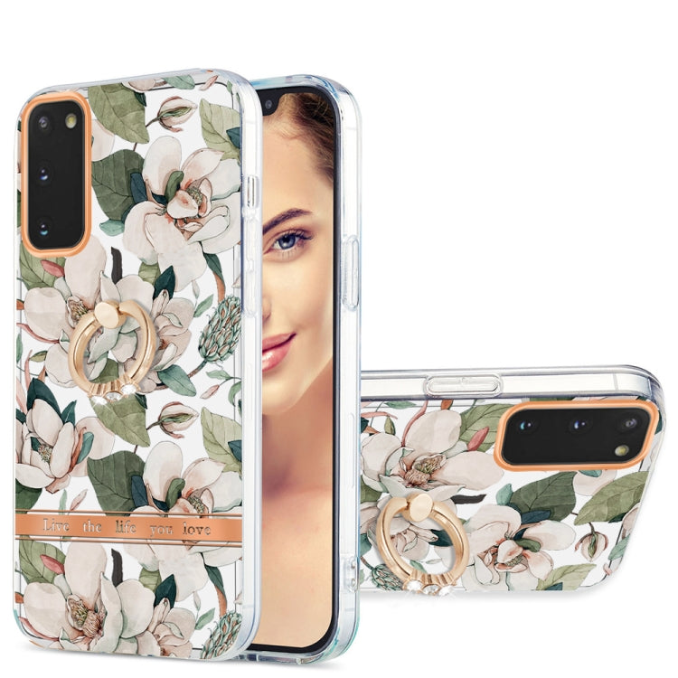 For Samsung Galaxy S20 Ring IMD Flowers TPU Phone Case(Green Gardenia)