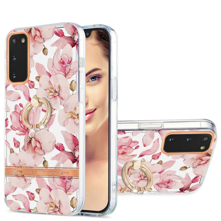 For Samsung Galaxy S20 Ring IMD Flowers TPU Phone Case(Pink Gardenia)