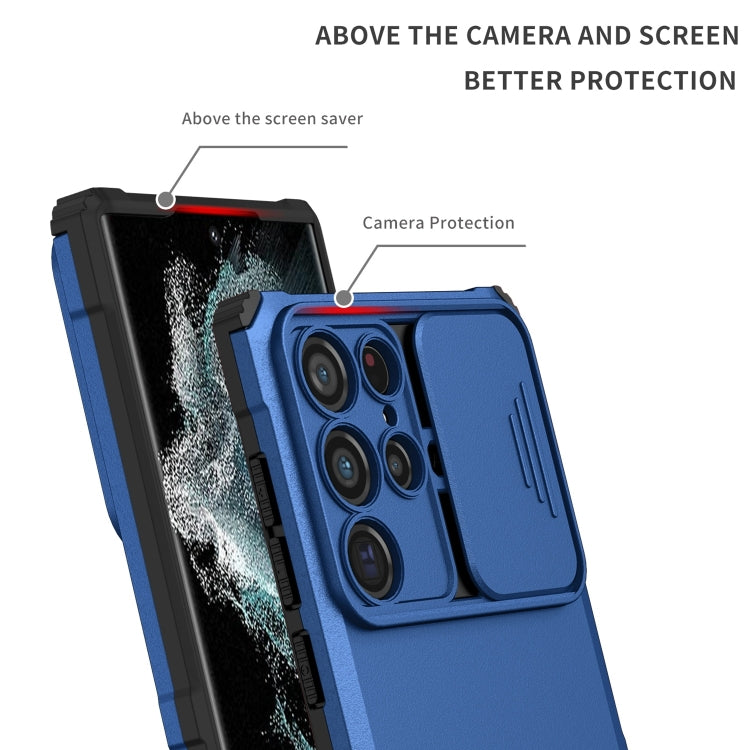 For Samsung Galaxy S22 Ultra 5G Stereoscopic Holder Sliding Camshield Phone Case(Blue)