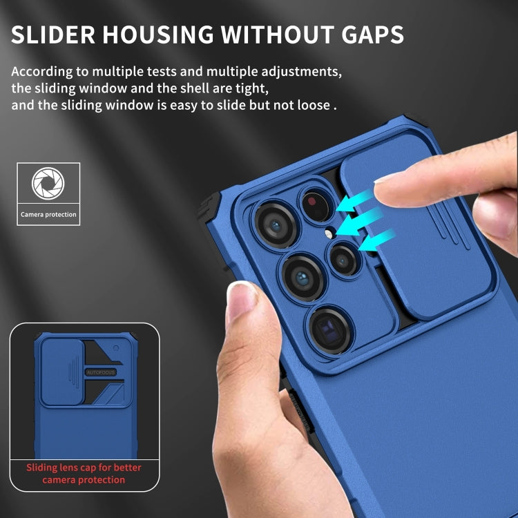 For Samsung Galaxy S22 Ultra 5G Stereoscopic Holder Sliding Camshield Phone Case(Blue)