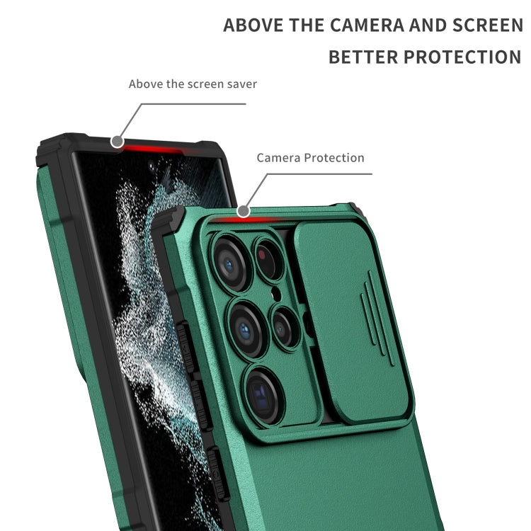 For Samsung Galaxy S22 Ultra 5G Stereoscopic Holder Sliding Camshield Phone Case(Green)