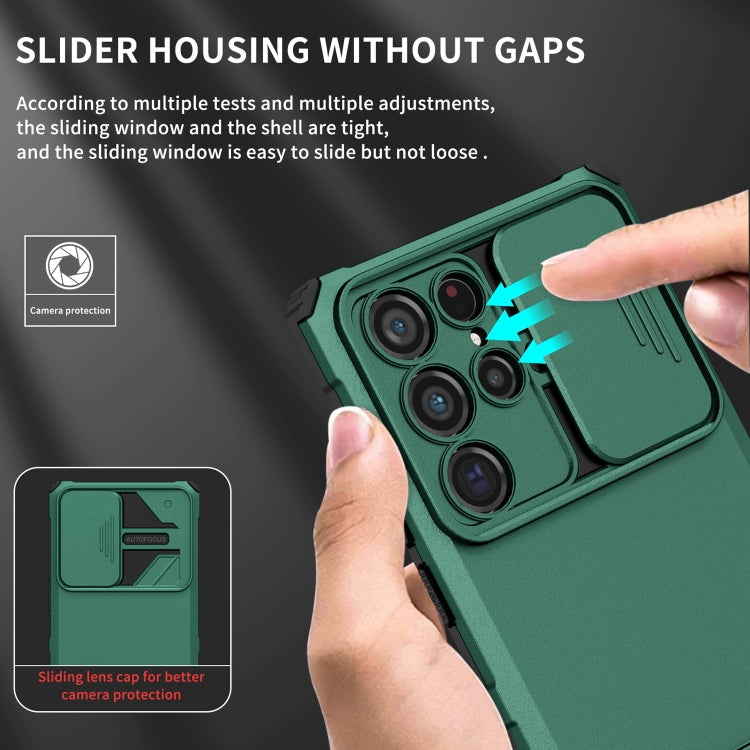 For Samsung Galaxy S22 Ultra 5G Stereoscopic Holder Sliding Camshield Phone Case(Green)