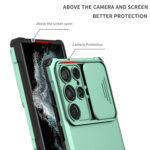 For Samsung Galaxy S22 Ultra 5G Stereoscopic Holder Sliding Camshield Phone Case(Light Blue)