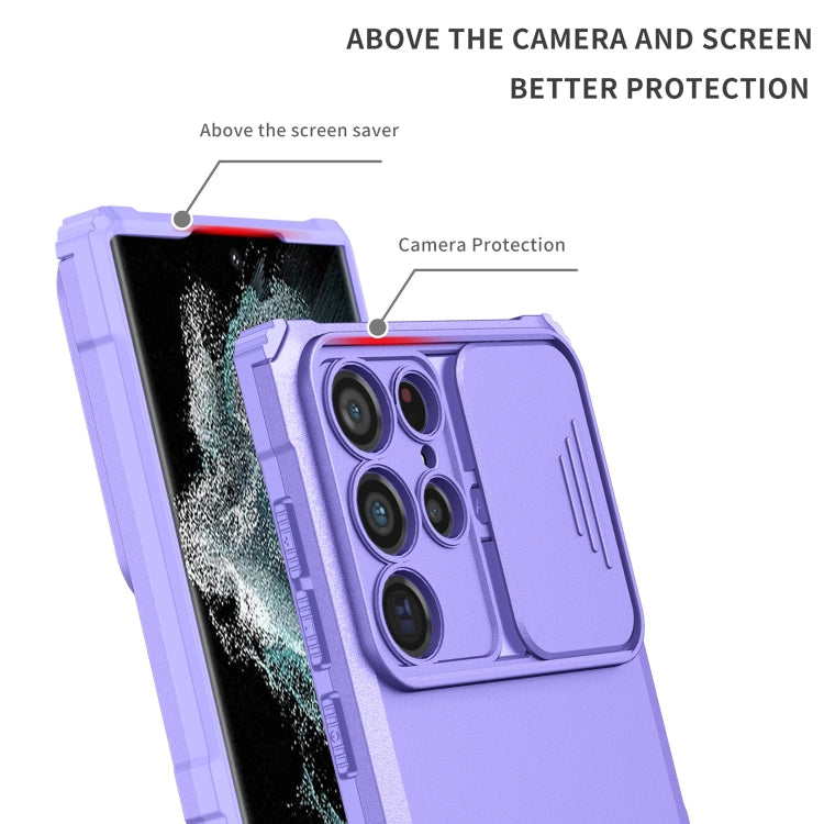 For Samsung Galaxy S22 Ultra 5G Stereoscopic Holder Sliding Camshield Phone Case(Purple)