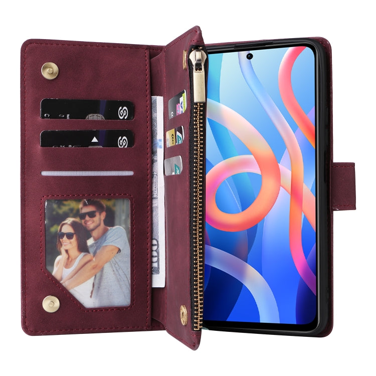 For Xiaomi Redmi Note 11 China Multifunctional Frosted Zipper Wallet Leather Phone Case(Wine Red)