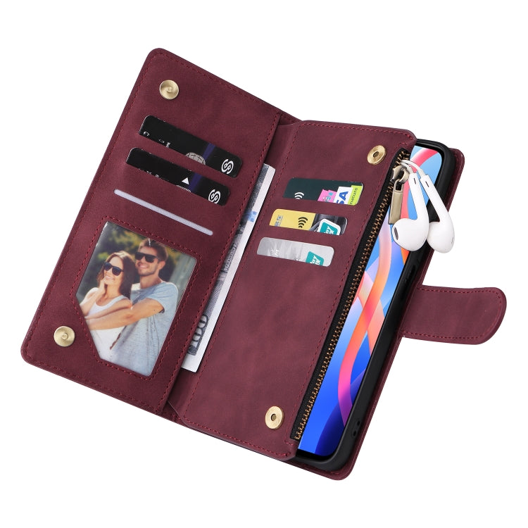 For Xiaomi Redmi Note 11 China Multifunctional Frosted Zipper Wallet Leather Phone Case(Wine Red)