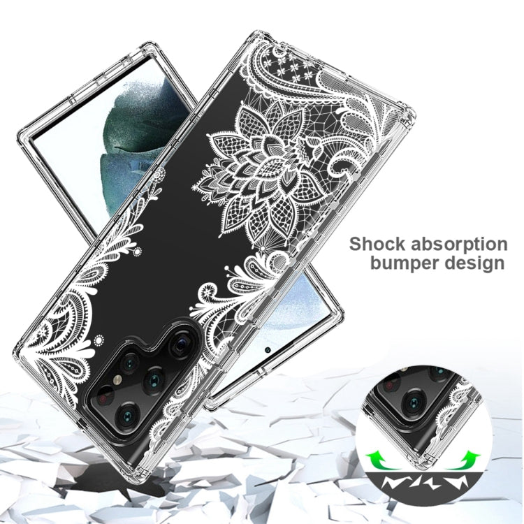 For Samsung Galaxy S22 Ultra 5G PC+TPU Transparent Painted Phone Case(White Flower)