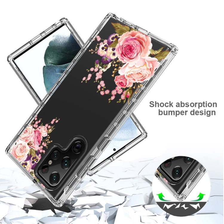 For Samsung Galaxy S22 Ultra 5G PC+TPU Transparent Painted Phone Case(Pink Rose)