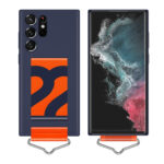 For Samsung Galaxy S22 Ultra 5G Slim Wrist Strap Bracket PC Phone Case(Dark Blue+Orange Strap)