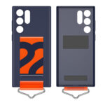 For Samsung Galaxy S22 Ultra 5G Slim Wrist Strap Bracket PC Phone Case(Dark Blue+Orange Strap)