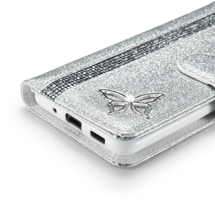 For Samsung Galaxy S20 Glitter Powder Butterfly Leather Phone Case(Silver)