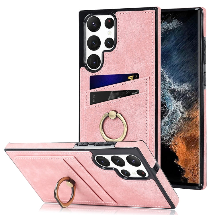 For Samsung Galaxy S22 Ultra 5G Vintage Patch Leather Phone Case with Ring Holder(Pink)