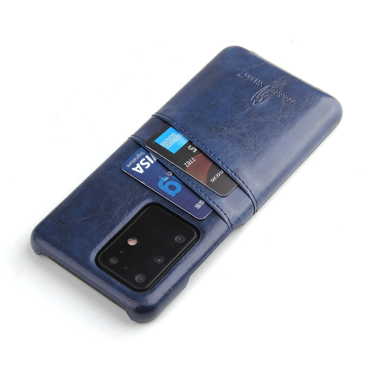 For Galaxy S20 Ultra Fierre Shann Retro Oil Wax Texture PU Leather Case with Card Slots(Blue)