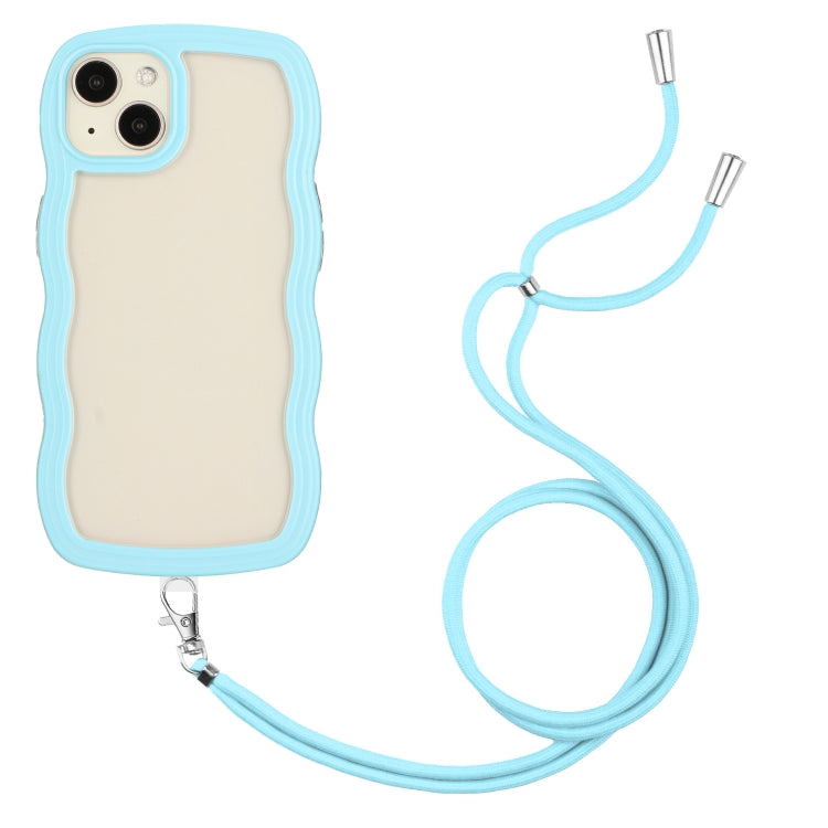 For iPhone 14 Plus  Lanyard Candy Color Wave TPU Clear PC Phone Case(Blue)