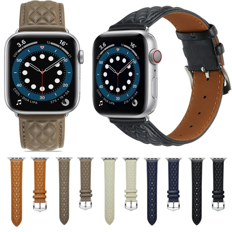 Diamond Lattice Genuine Leather Watch Band for Apple Watch Ultra 49mm / Series 8&7 45mm / SE 2&6&SE&5&4 44mm / 3&2&1 42mm(Dark Blue)