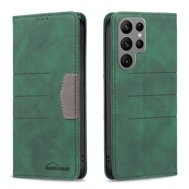 For Samsung Galaxy S23 Ultra 5G BF10 Color Block Magnetic Flip Leather Phone Case(Green)