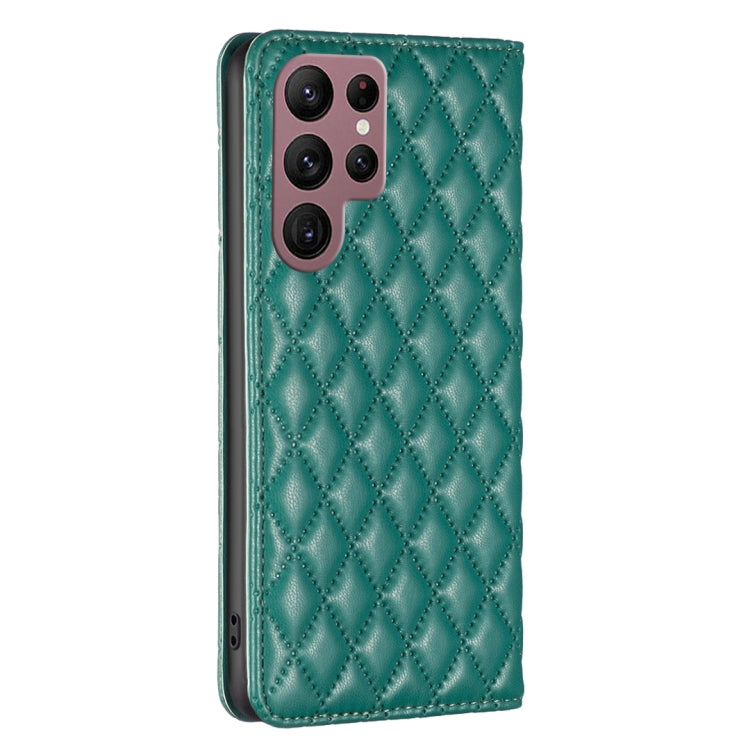 For Samsung Galaxy S22 Ultra 5G Diamond Lattice Magnetic Leather Flip Phone Case(Green)