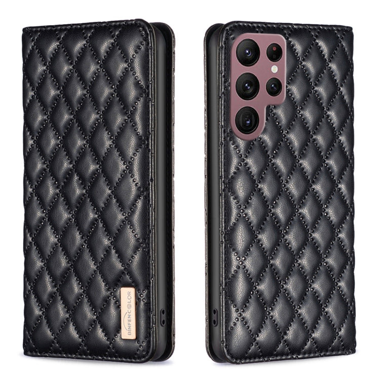 For Samsung Galaxy S22 Ultra 5G Diamond Lattice Magnetic Leather Flip Phone Case(Black)