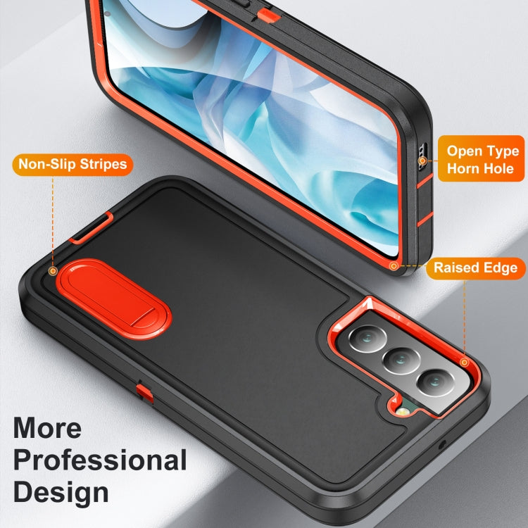 For Samsung Galaxy S23 5G 3 in 1 Rugged Holder Phone Case(Black+Orange)