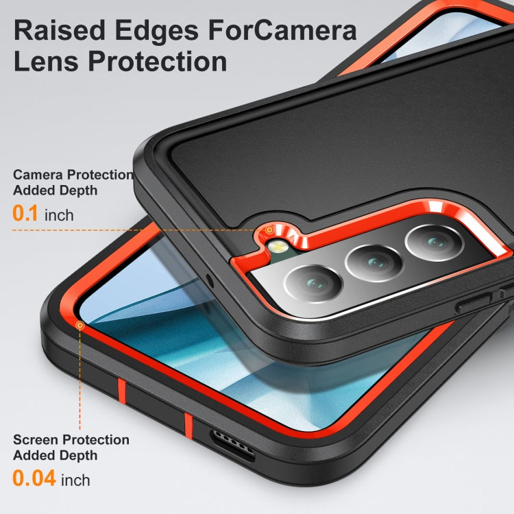 For Samsung Galaxy S23 5G 3 in 1 Rugged Holder Phone Case(Black+Orange)