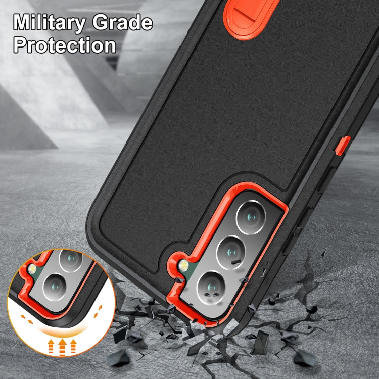 For Samsung Galaxy S23 5G 3 in 1 Rugged Holder Phone Case(Black+Orange)