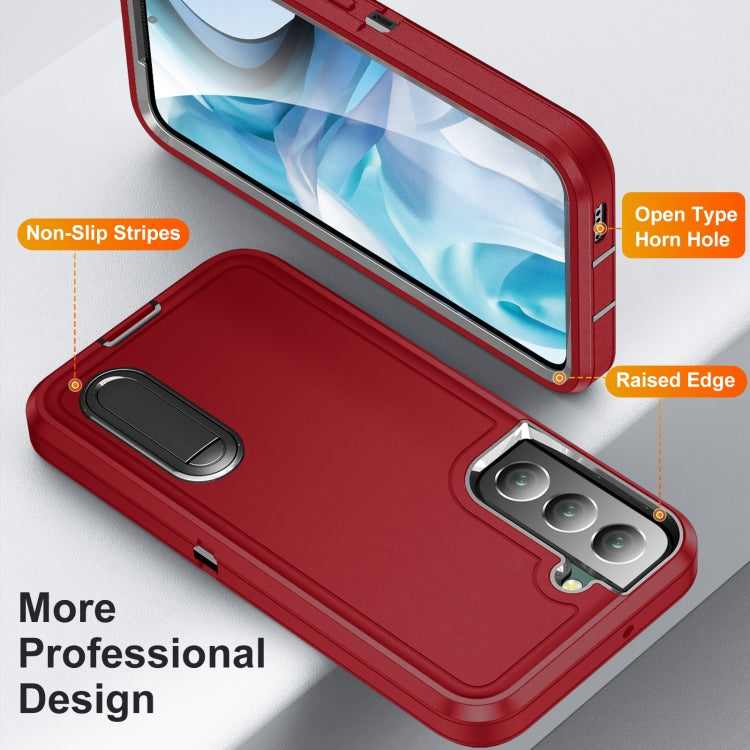 For Samsung Galaxy S23 5G 3 in 1 Rugged Holder Phone Case(Red+Black)