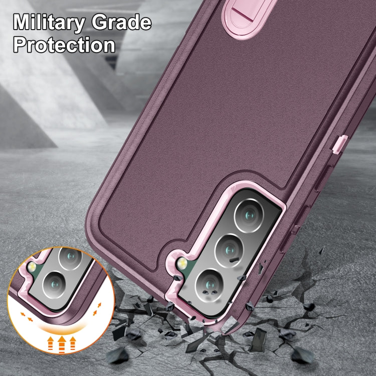 For Samsung Galaxy S23 5G 3 in 1 Rugged Holder Phone Case(Purple+Pink)