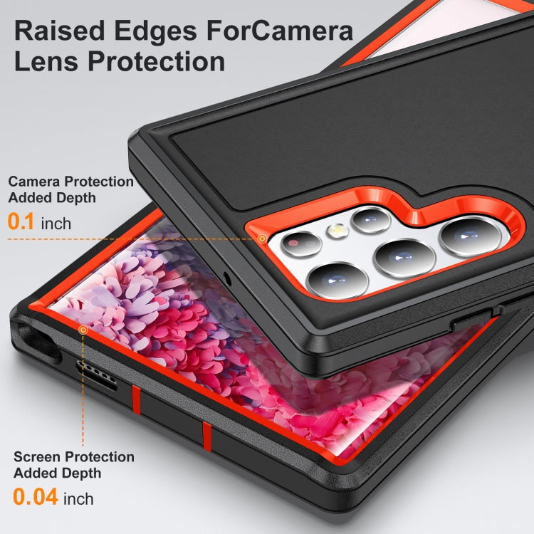 For Samsung Galaxy S23 ultra 5G 3 in 1 Rugged Holder Phone Case(Black+Orange)