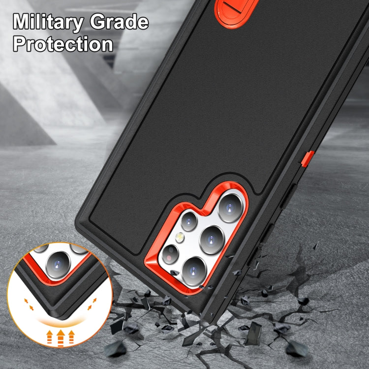 For Samsung Galaxy S23 ultra 5G 3 in 1 Rugged Holder Phone Case(Black+Orange)