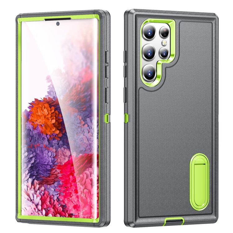 For Samsung Galaxy S23 ultra 5G 3 in 1 Rugged Holder Phone Case(Grey+Green)