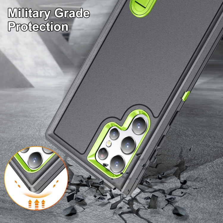 For Samsung Galaxy S23 ultra 5G 3 in 1 Rugged Holder Phone Case(Grey+Green)