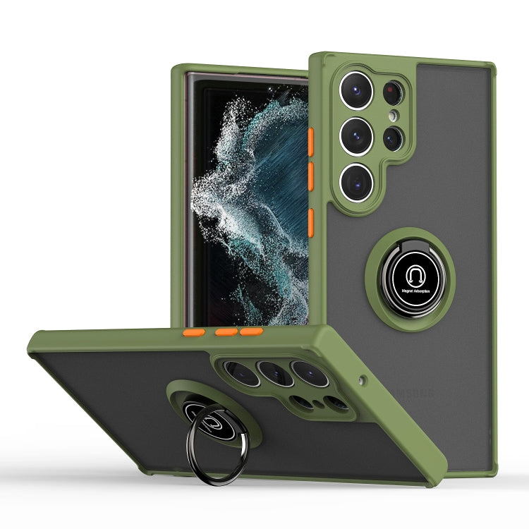 For Samsung Galaxy S23 Ultra 5G Q Shadow I Ring Holder PC and TPU Hybrid Phone Case (Army Green)
