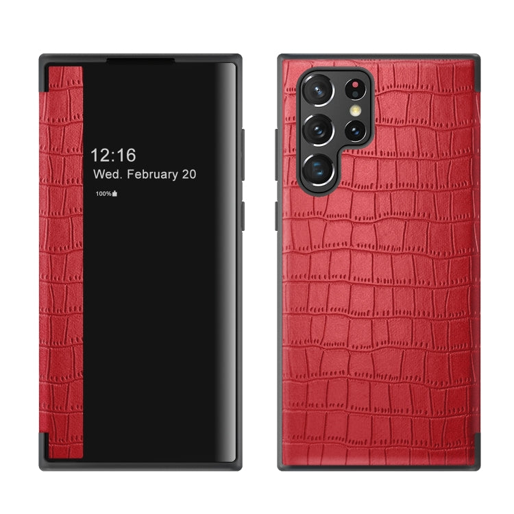 For Samsung Galaxy S23 Ultra 5G Crocodile Texture Window View Leather Phone Case(Red)