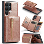 For Samsung Galaxy S22 Ultra 5G DG.MING M3 Series Glitter Powder Card Bag Leather Case(Rose Gold)