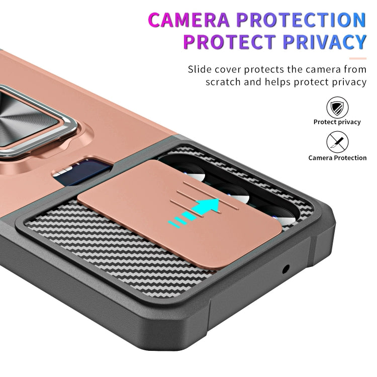 For Samsung Galaxy S23 5G Sliding Camshield Phone Case with Ring Holder & Card Slot(Rose Gold)