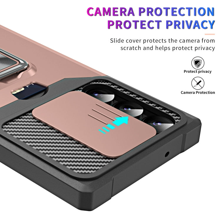 For Samsung Galaxy S23 Ultra 5G Sliding Camshield Phone Case with Ring Holder & Card Slot(Rose Gold)