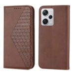 For Xiaomi Redmi Note 12 Pro+ China Cubic Grid Calf Texture Magnetic Leather Phone Case(Brown)