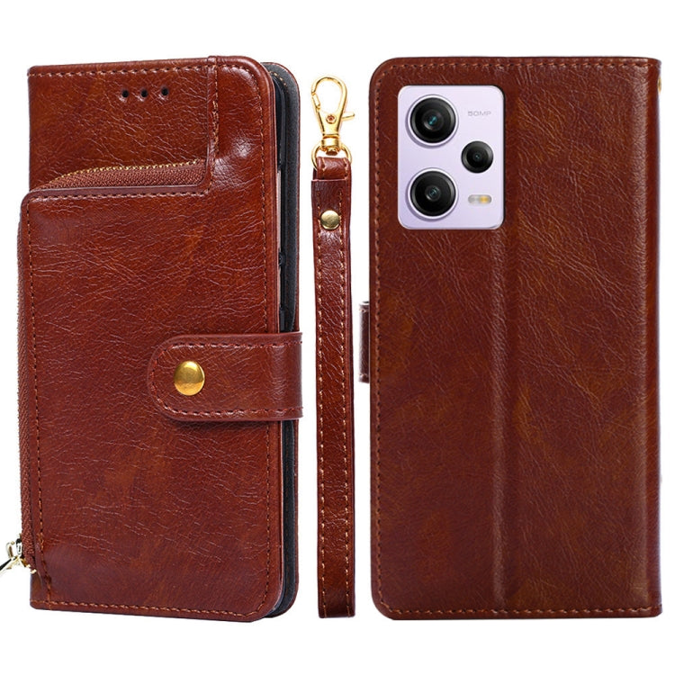 For Xiaomi Redmi Note 12 Pro China Zipper Bag Leather Phone Case(Brown)