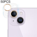 For iPhone 14 / 14 Plus 50pcs Tempered Glass CD Texture Back Camera Film(Gold)