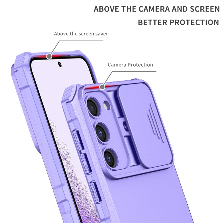 For Samsung Galaxy S23 5G Stereoscopic Holder Sliding Camshield Phone Case(Purple)