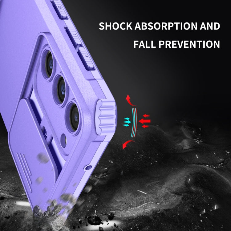 For Samsung Galaxy S23+ 5G Stereoscopic Holder Sliding Camshield Phone Case(Purple)