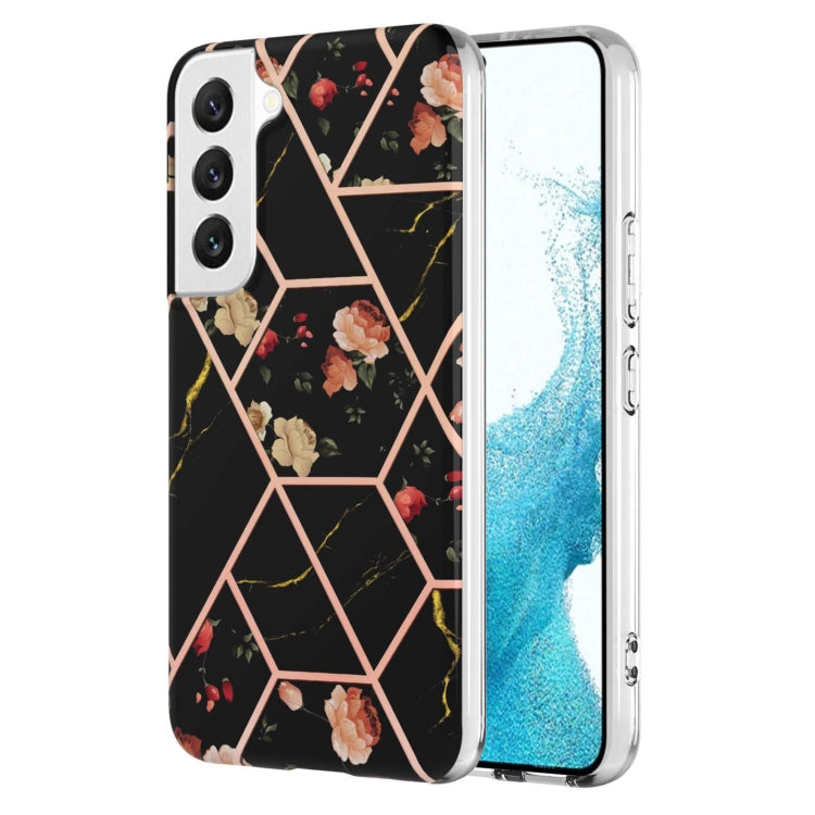 For Samsung Galaxy S23 5G Splicing Marble Flower IMD TPU Phone Case(Black Flower)