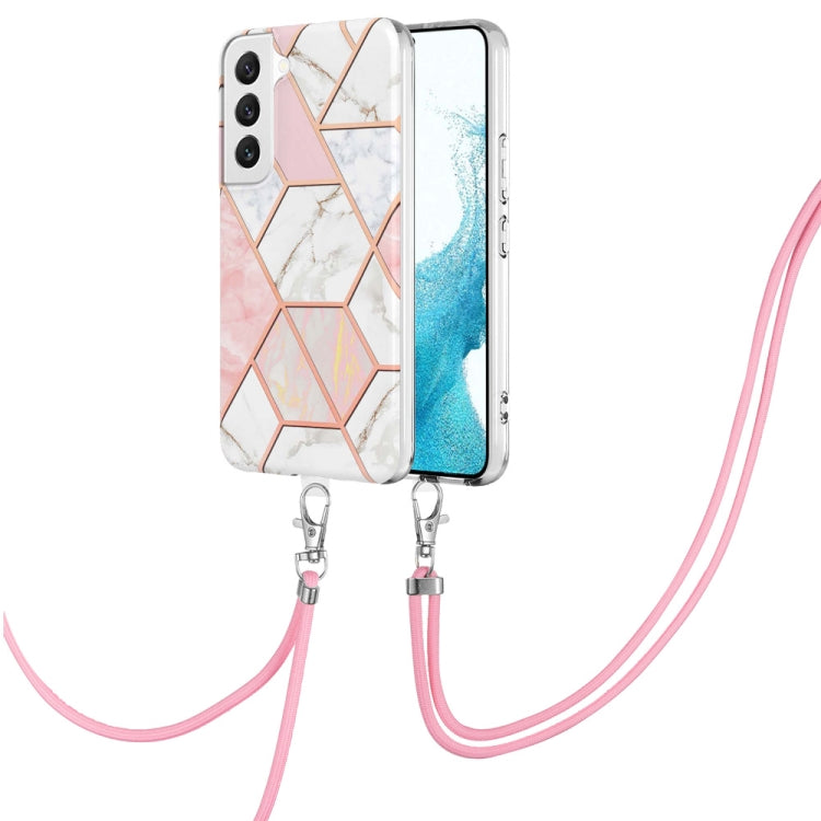 For Samsung Galaxy S23 5G Electroplating IMD Splicing Dual-side Marble TPU Phone Case with Lanyard(Pink White)