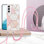 For Samsung Galaxy S23 5G Electroplating IMD Splicing Dual-side Marble TPU Phone Case with Lanyard(Pink White)