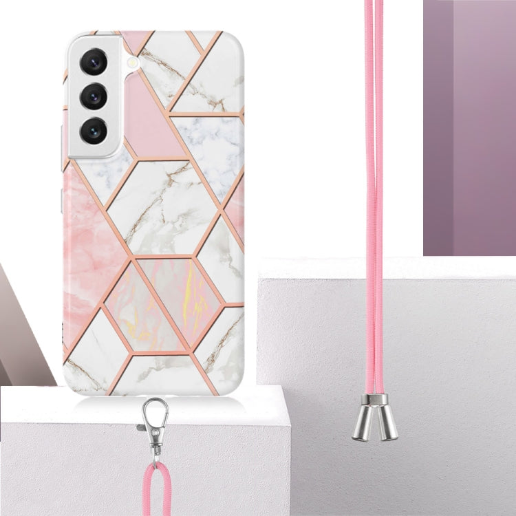 For Samsung Galaxy S23 5G Electroplating IMD Splicing Dual-side Marble TPU Phone Case with Lanyard(Pink White)