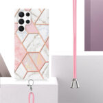 For Samsung Galaxy S23 Ultra 5G Electroplating IMD Splicing Dual-side Marble TPU Phone Case with Lanyard(Pink White)