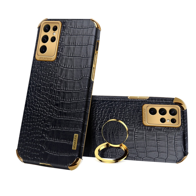 For Samsung Galaxy S23 Ultra 5G 6D Electroplating Crocodile Texture Phone Case With Holder(Black)
