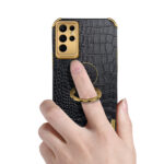 For Samsung Galaxy S23 Ultra 5G 6D Electroplating Crocodile Texture Phone Case With Holder(Brown)