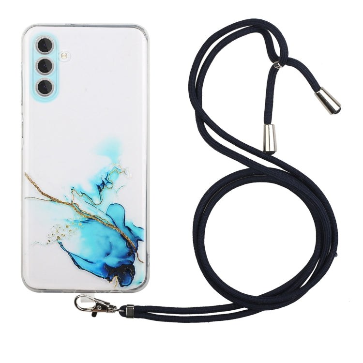 For Samsung Galaxy S23 5G Hollow Marble Pattern TPU Shockproof Phone Case with Neck Strap Rope(Blue)