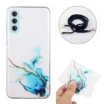 For Samsung Galaxy S23 5G Hollow Marble Pattern TPU Shockproof Phone Case with Neck Strap Rope(Blue)